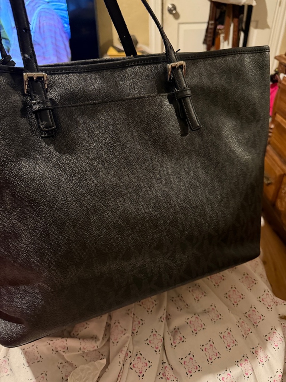 Michael Kors Black and Gunmetal Monogram Messenger Tote